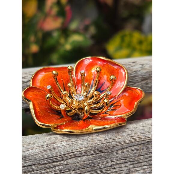 Vintage Monet Orange Enamel & Rhinestone Flower Brooch Pin, Gold Tone - Picture 1 of 10